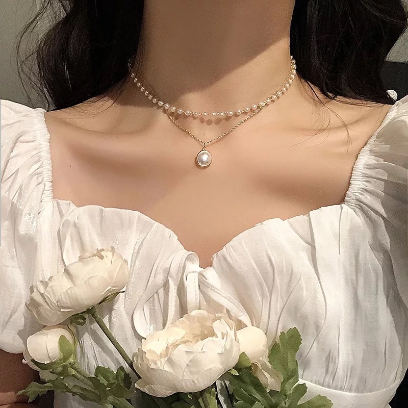 Party Vembley Charming Gold Plated Pearl Double Layered Pendant Necklace For Women And Girls
