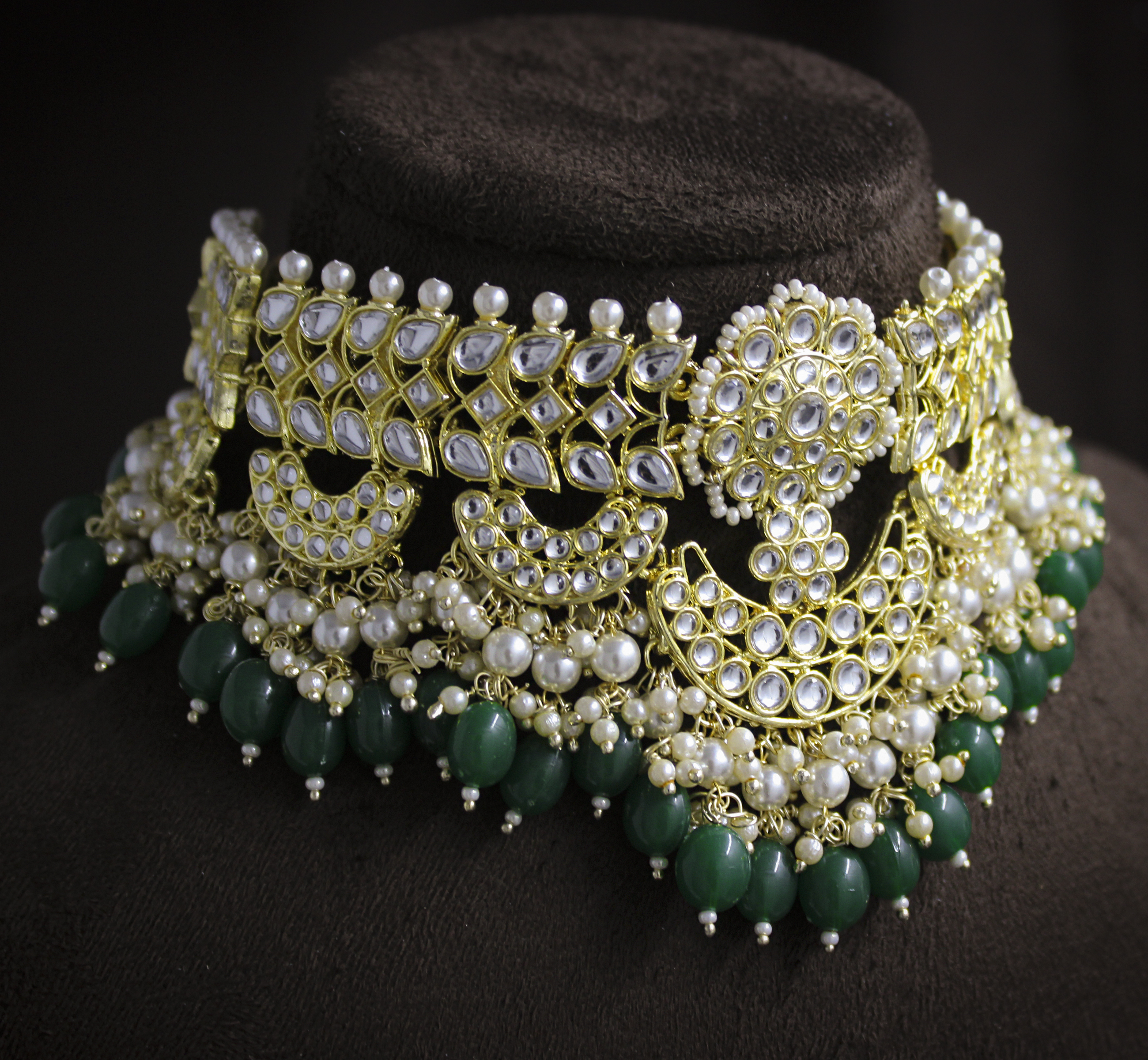 Glorious Design Green Color Kundan Gold Plated Choker Necklace Set Drop Earrings