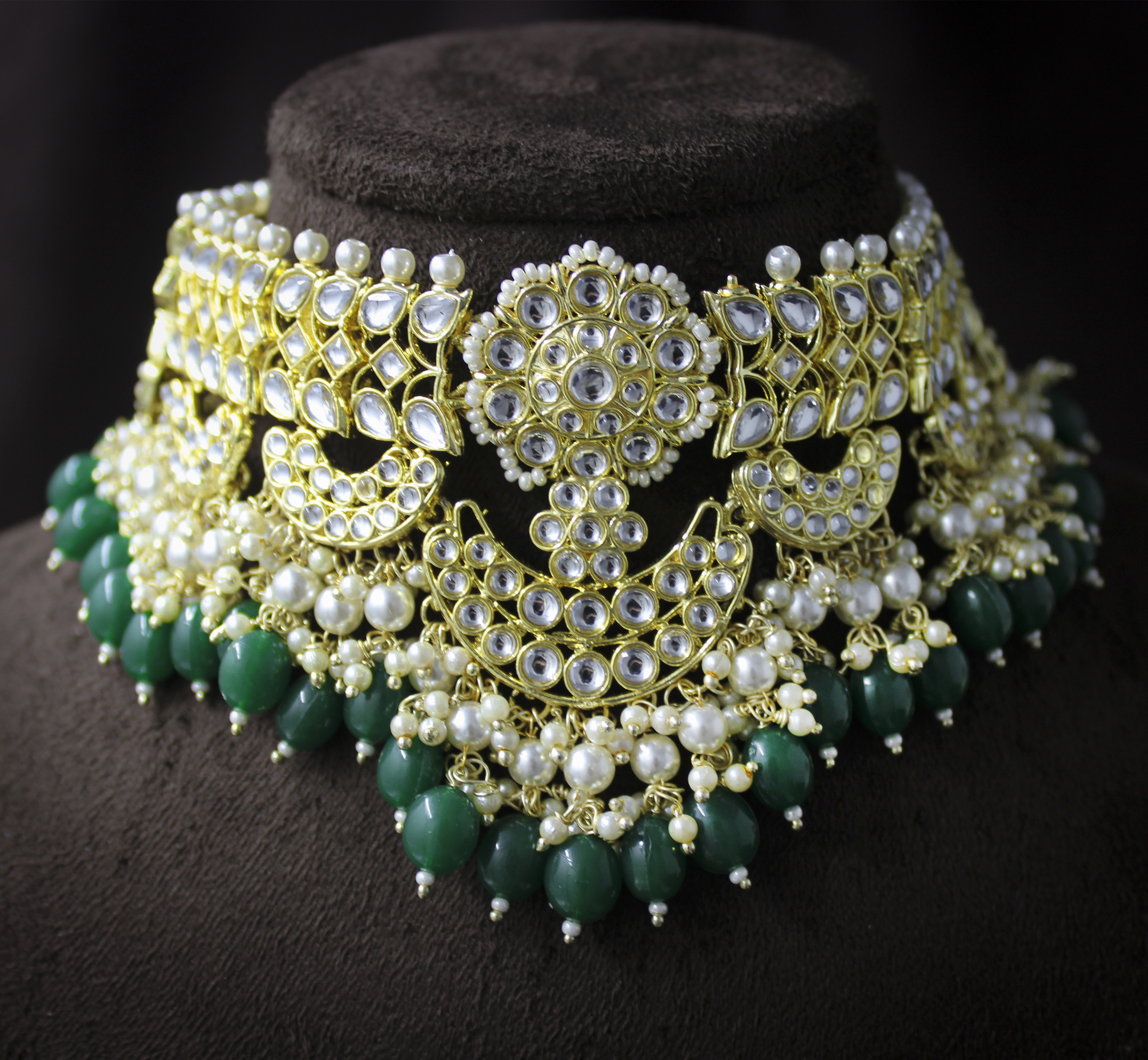 Glorious Design Green Color Kundan Gold Plated Choker Necklace Set Drop Earrings