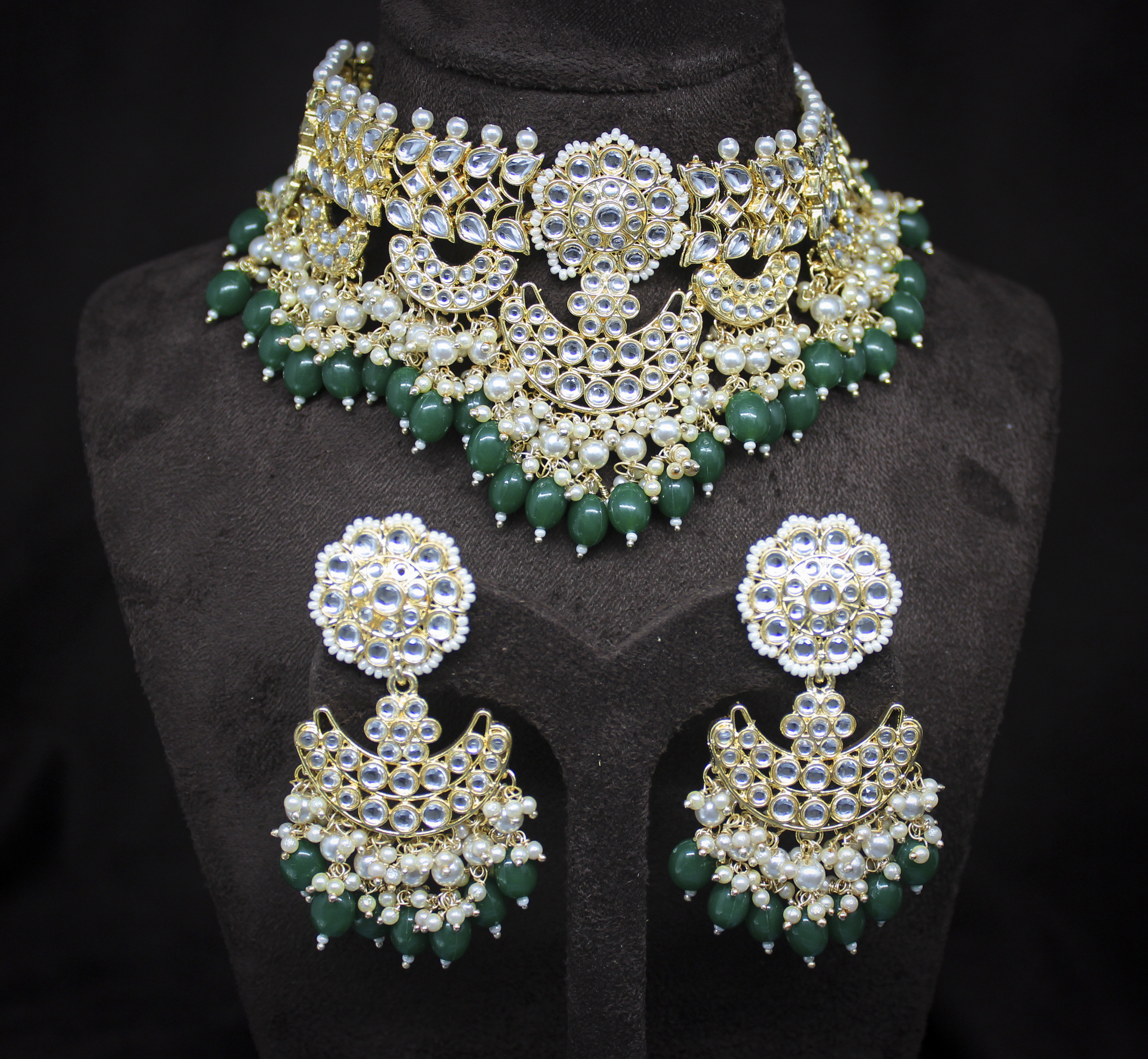 Glorious Design Green Color Kundan Gold Plated Choker Necklace Set Drop Earrings