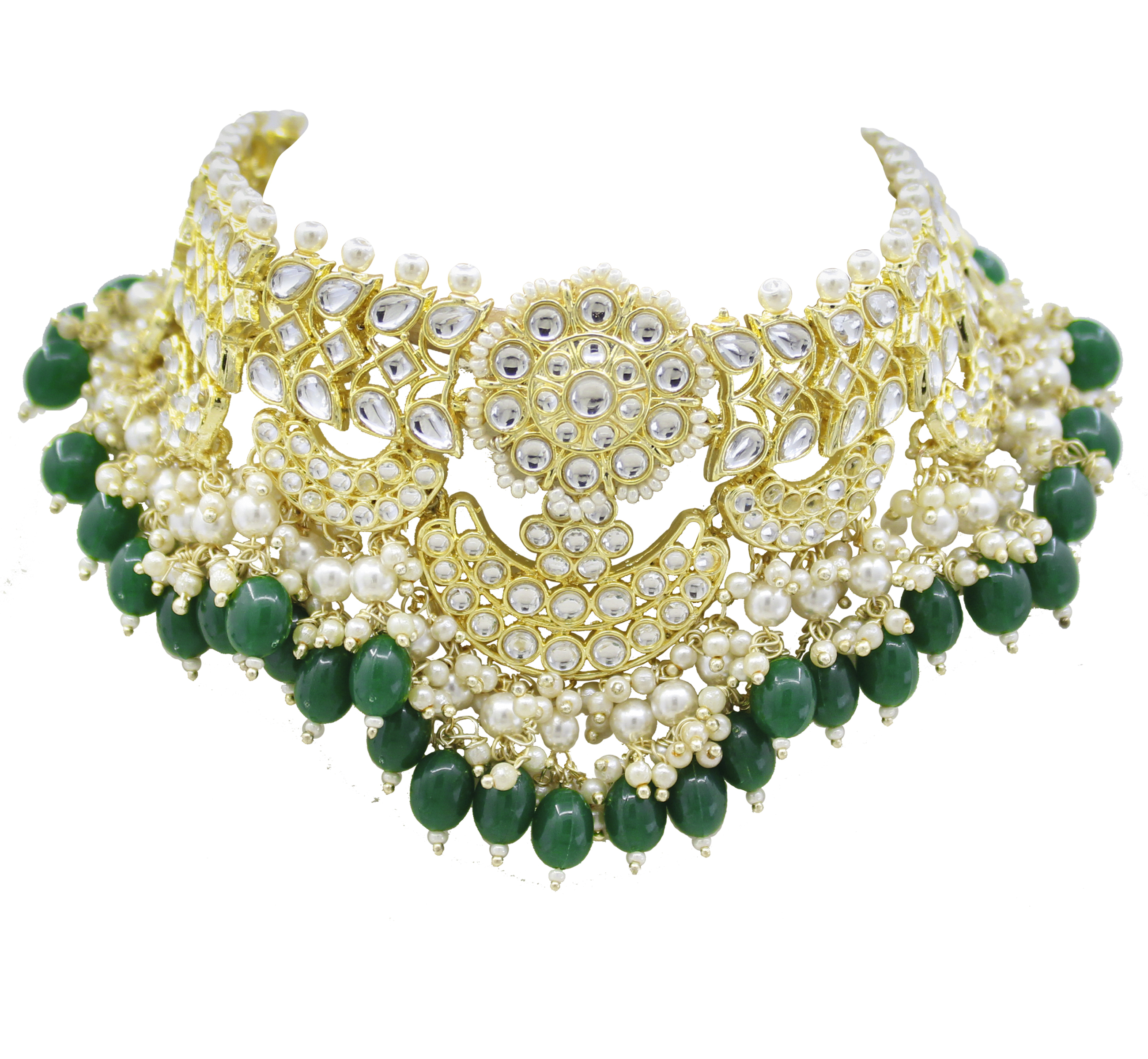 Glorious Design Green Color Kundan Gold Plated Choker Necklace Set Drop Earrings