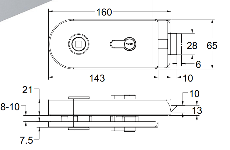 Glass Door Lock - 100mm X 50mm | Stainless Steel Silver And Black Finish Key Lock Design Surface Mount For 8-12mm Glass