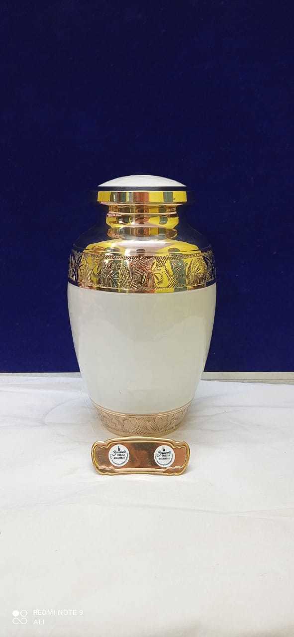 Brass White Cremation Adult Urn With Golden Engraved Funeral Supplies