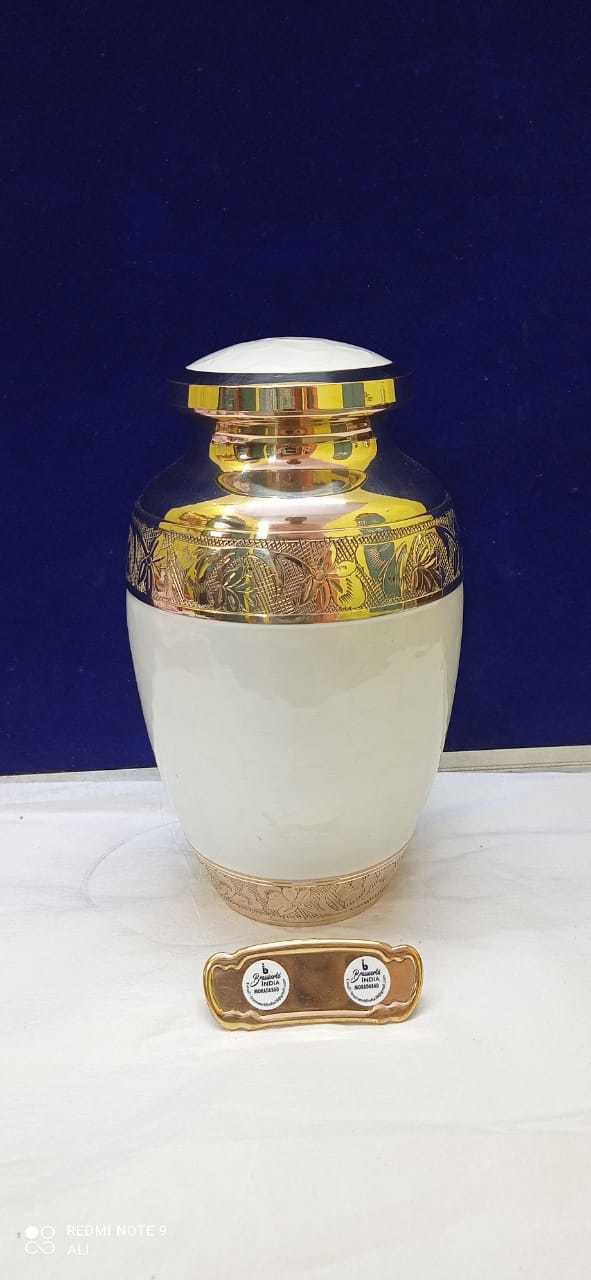 Brass White Cremation Adult Urn With Golden Engraved Funeral Supplies