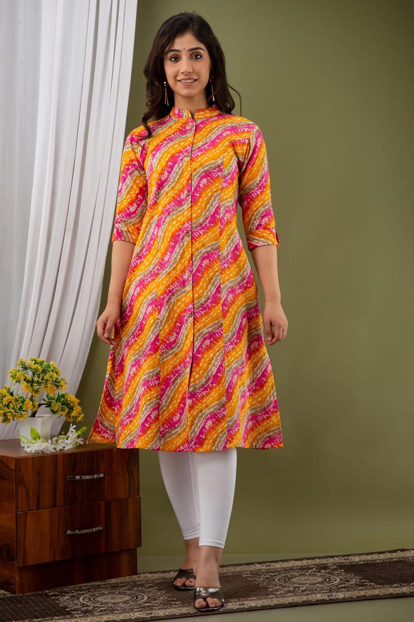 Jaipuri Leheriya Kurta - Cotton Fabric, Multi-color Printed Design | Bollywood Style For Daily Wear, Suitable For All Seasons