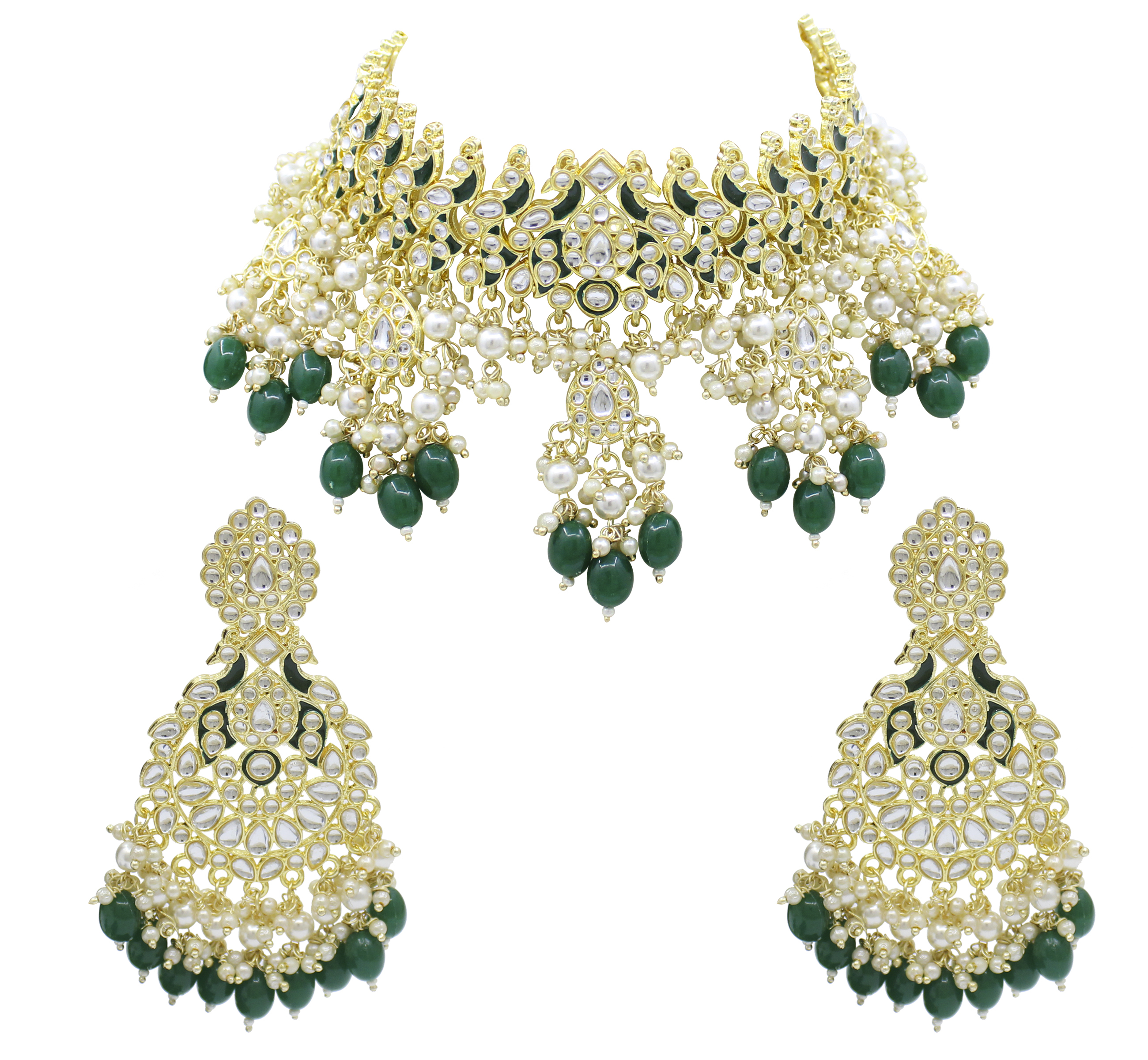 Peacock Design Meenakri Work Kundan Wedding Choker Necklace Set Drop Earrings