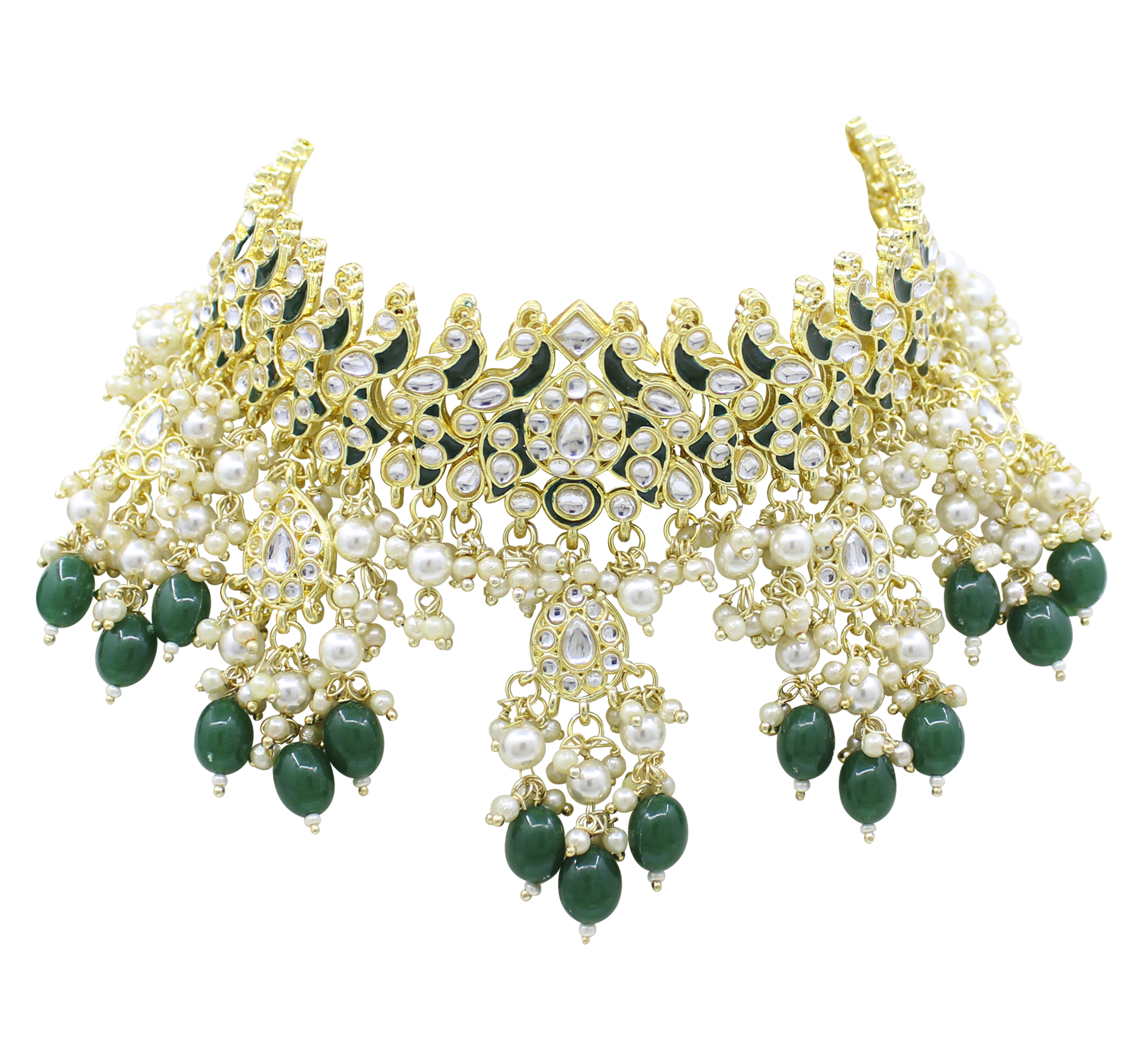 Peacock Design Meenakri Work Kundan Wedding Choker Necklace Set Drop Earrings