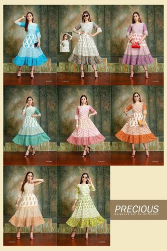 Precious Rayon Anarkali Kurti - Long Styled Kurti for Ladies, Size: L, XL, 2XL, 3XL, Breathable & Washable, Available in 8 Vibrant Colors, 3/4th Sleeve Style