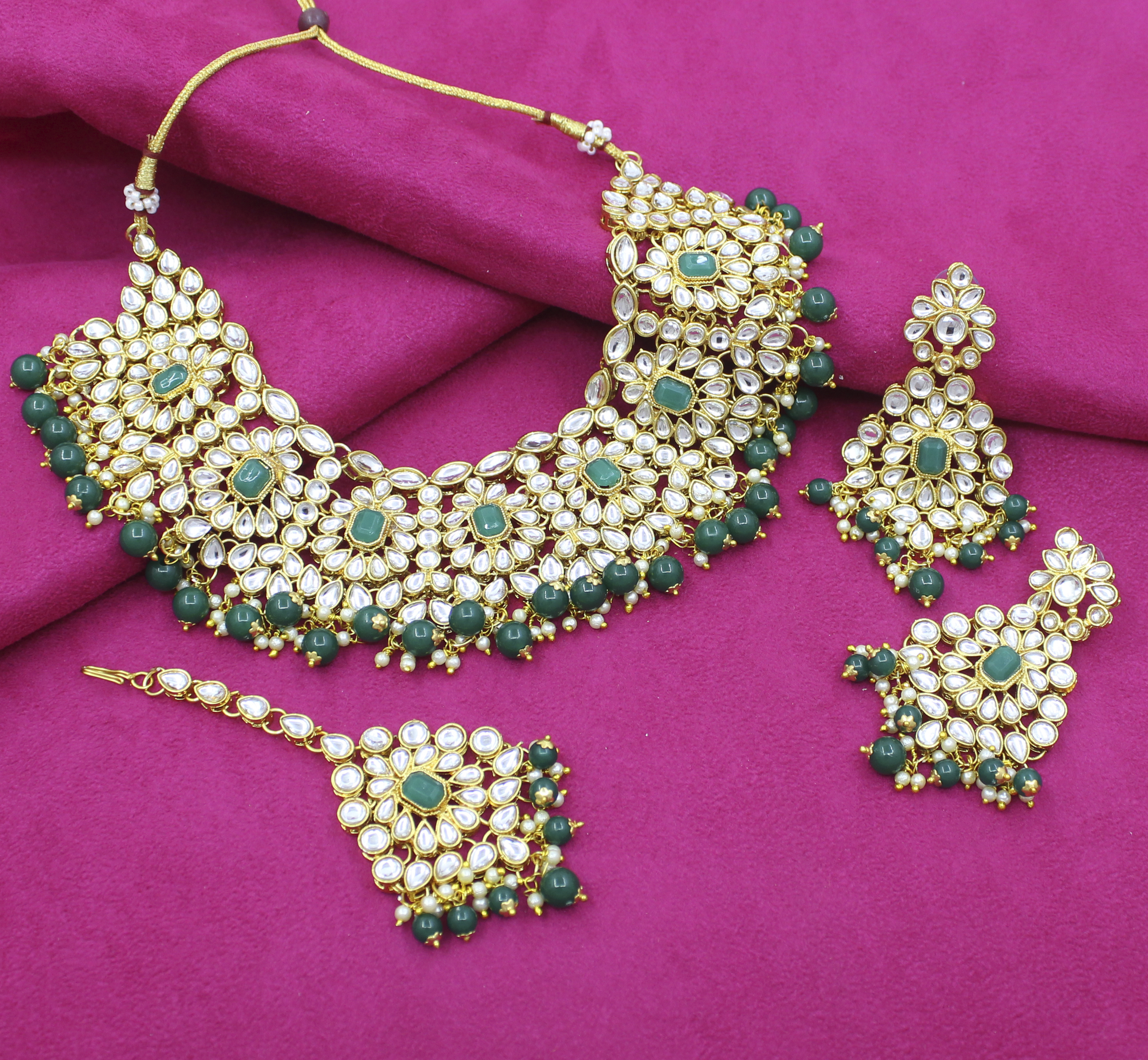 Ethnic Design Gold Plated Choker Necklace Set - 22cm Length, 5.5cm Width | Includes Drop Earrings, Maangtikka, Ideal For Weddings And Parties