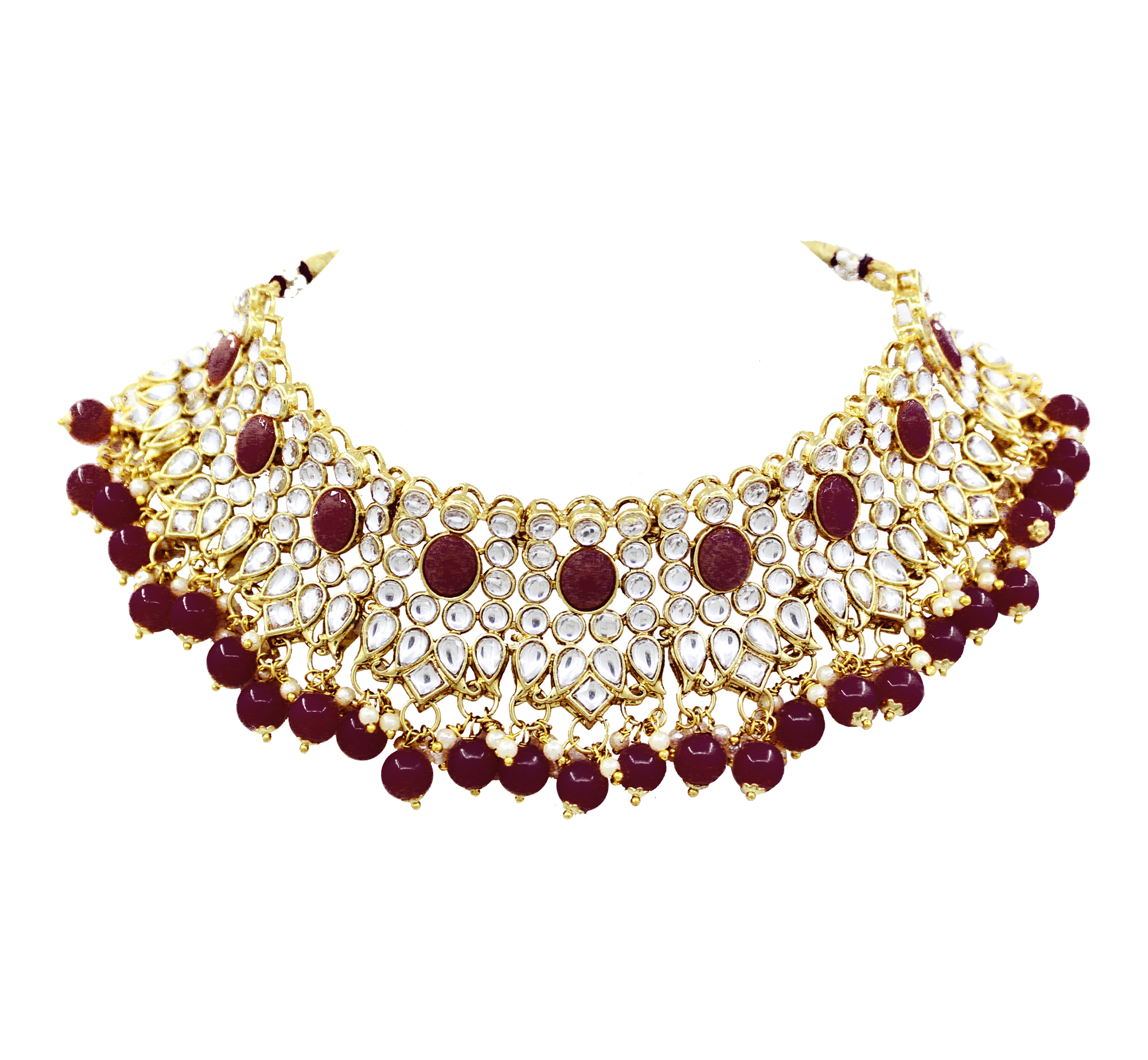 Kundan Choker Necklace Set - Gold Plated 19cm Length | Maroon Color Lightweight Earrings Maangtikka Included Perfect For Weddings And Parties