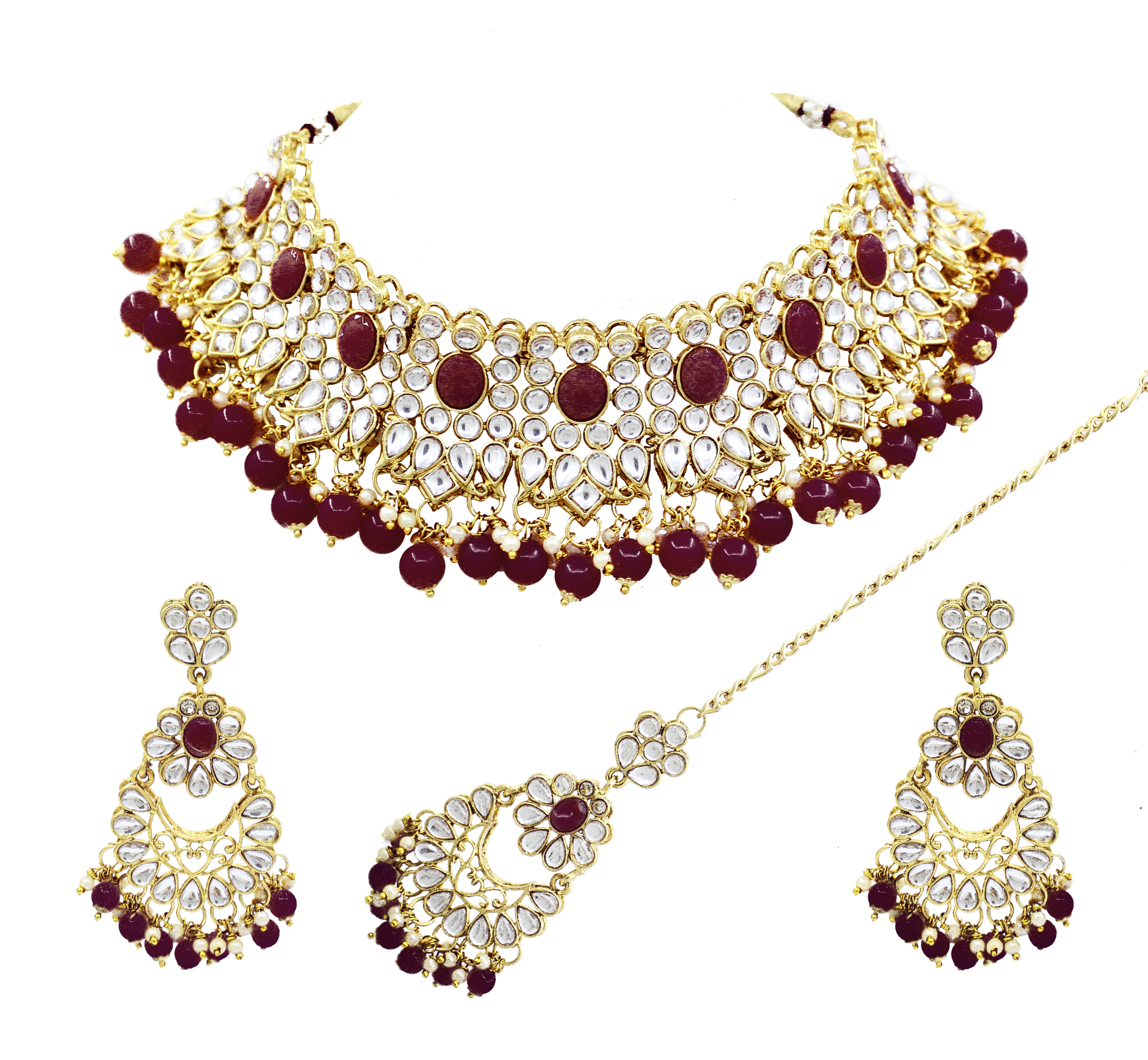 Kundan Choker Necklace Set - Gold Plated 19cm Length | Maroon Color Lightweight Earrings Maangtikka Included Perfect For Weddings And Parties