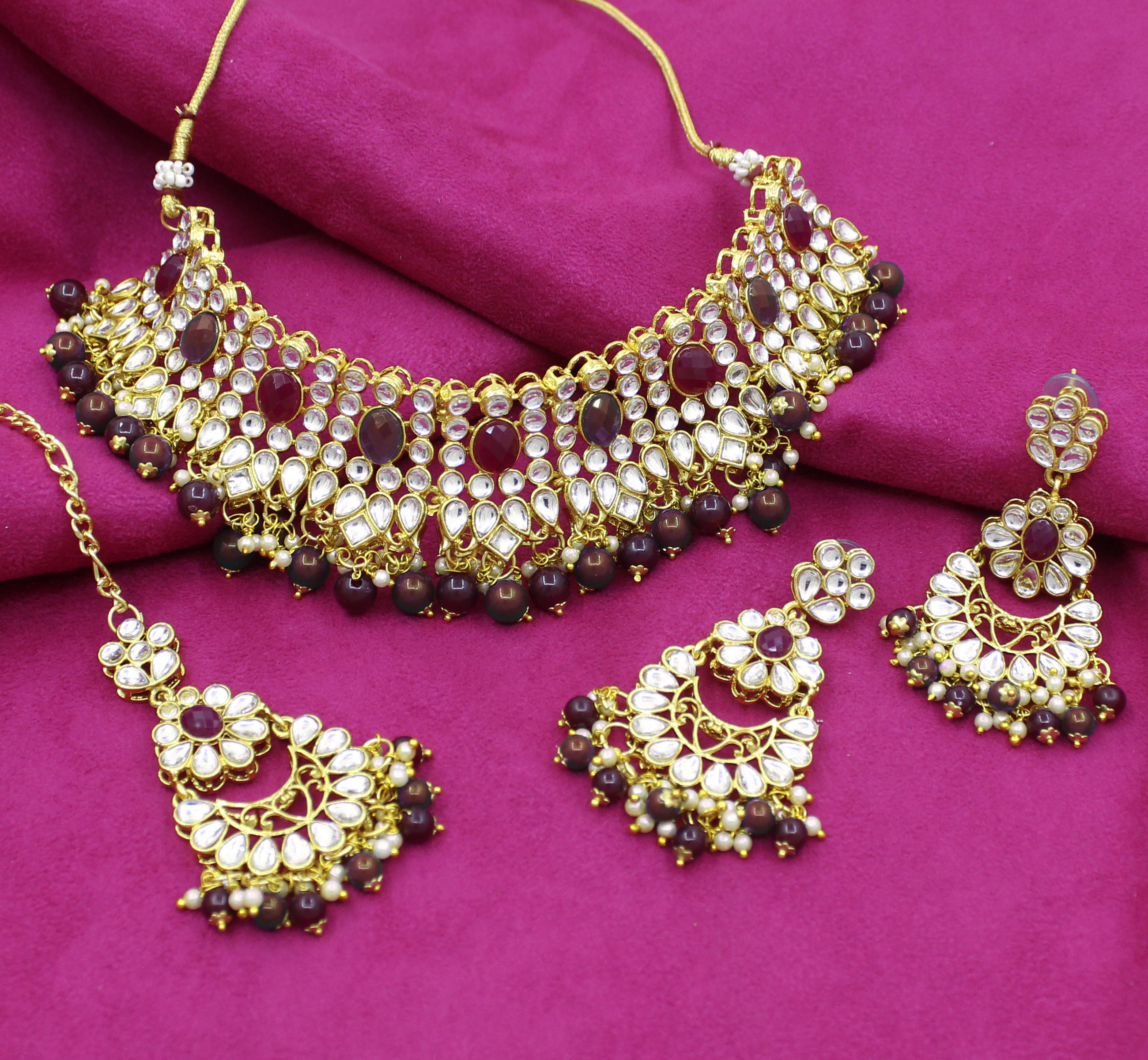 Kundan Choker Necklace Set - Gold Plated 19cm Length | Maroon Color Lightweight Earrings Maangtikka Included Perfect For Weddings And Parties