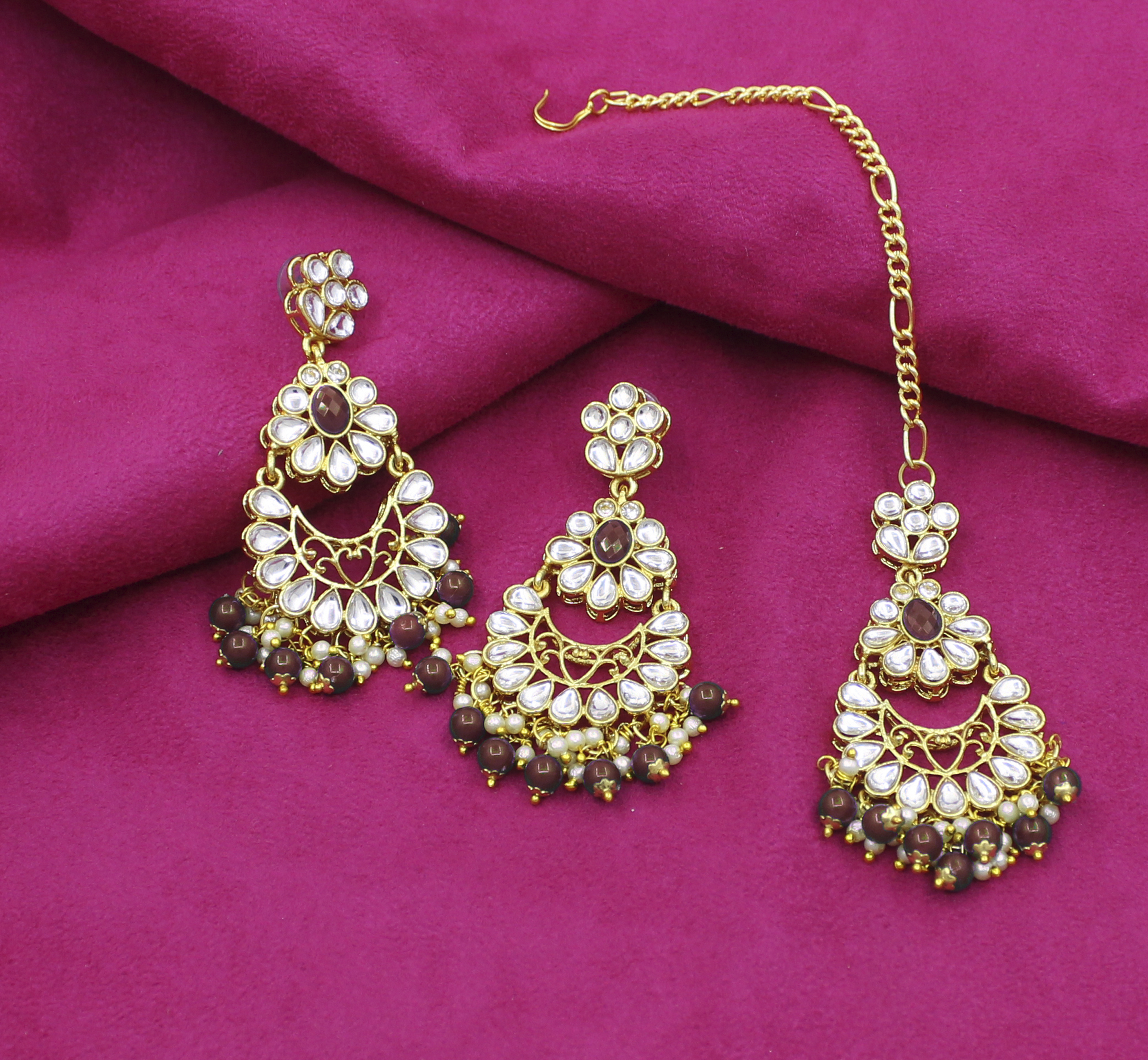 Kundan Choker Necklace Set - Gold Plated 19cm Length | Maroon Color Lightweight Earrings Maangtikka Included Perfect For Weddings And Parties