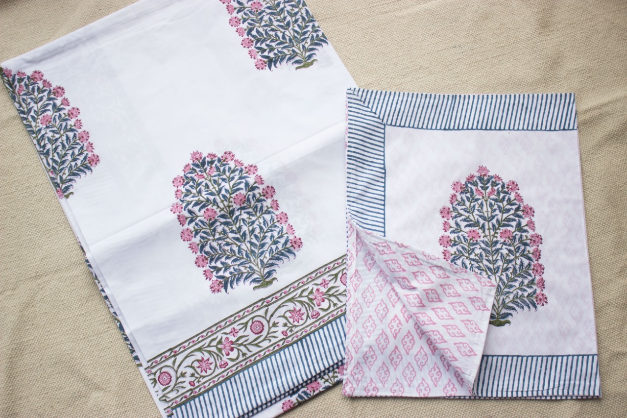 Hand Block Printed Bed Sheet Set - Soft Cotton 210tc, 90"x108" Double Bed, Red & Green | Washable, Two Pillowcases, Multi-color Printed Pattern