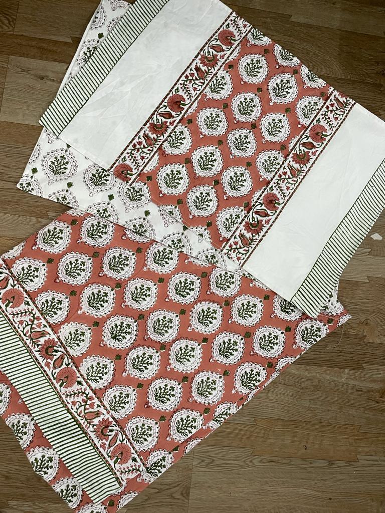 Hand Block Printed Bed Sheet Set - Soft Cotton 210tc, 90"x108" Double Bed, Red & Green | Washable, Two Pillowcases, Multi-color Printed Pattern