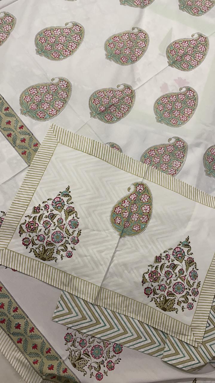 Hand Block Printed Bed Sheet Set - Soft Cotton 210tc, 90"x108" Double Bed, Red & Green | Washable, Two Pillowcases, Multi-color Printed Pattern