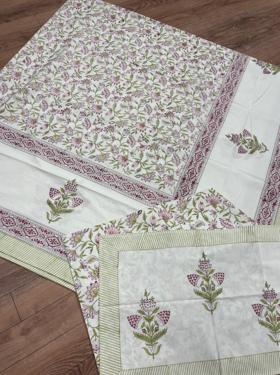 Hand Block Printed Bed Sheet Set - Soft Cotton 210tc, 90"x108" Double Bed, Red & Green | Washable, Two Pillowcases, Multi-color Printed Pattern