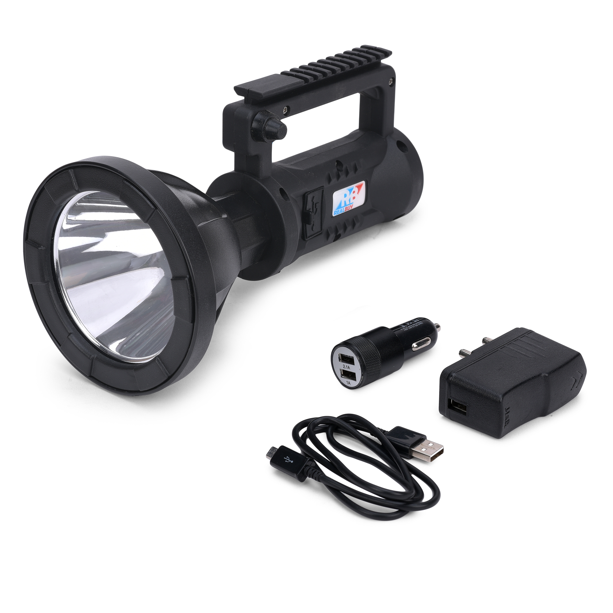 Black Realbuy Led Search Light 10w (Range 1 Km.) With 4,000 Mah Lithium Battery (Ip65 Water-proof)