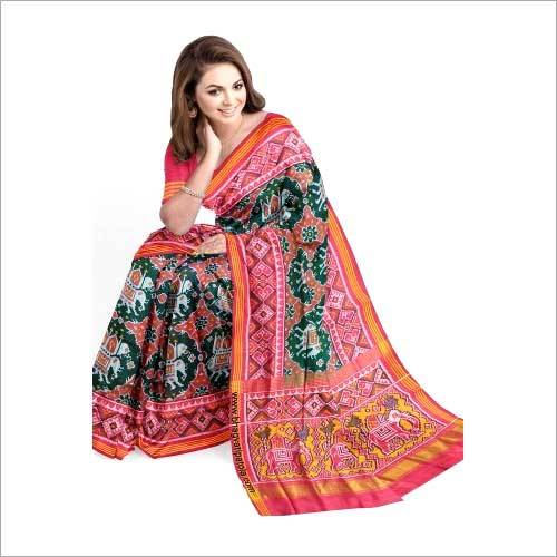 Red And Green Semi Double Ikkat Patola Saree