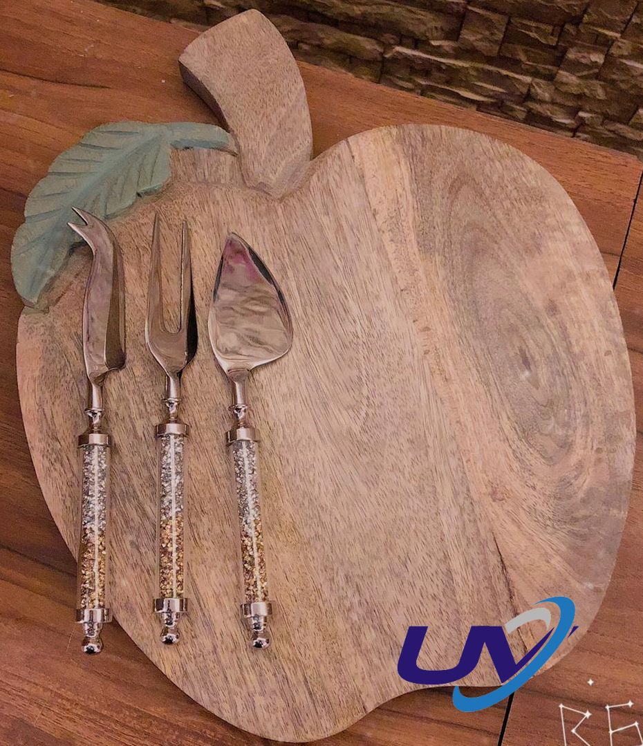 Mango Wood Platter With Crystal Cheese Knife Set, Set Of 3 - Color: Brown