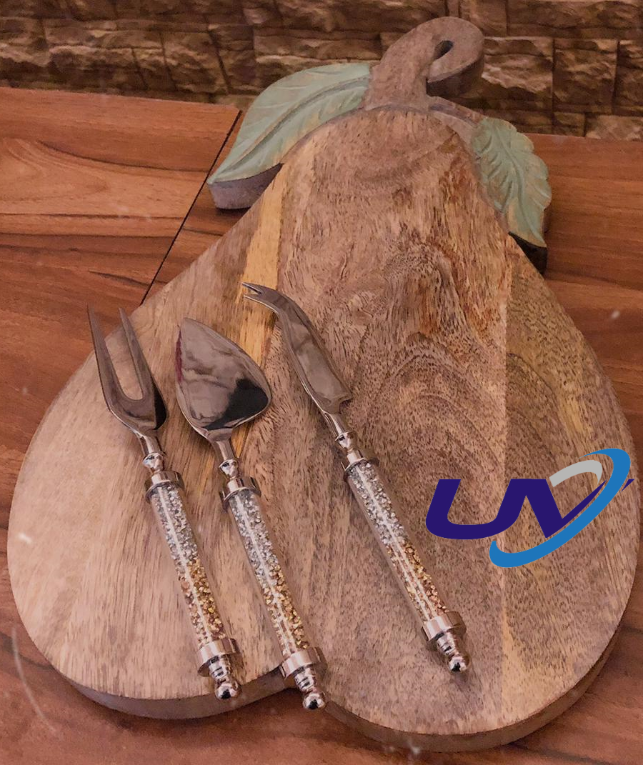 Mango Wood Platter With Crystal Cheese Knife Set, Set Of 3 - Color: Brown