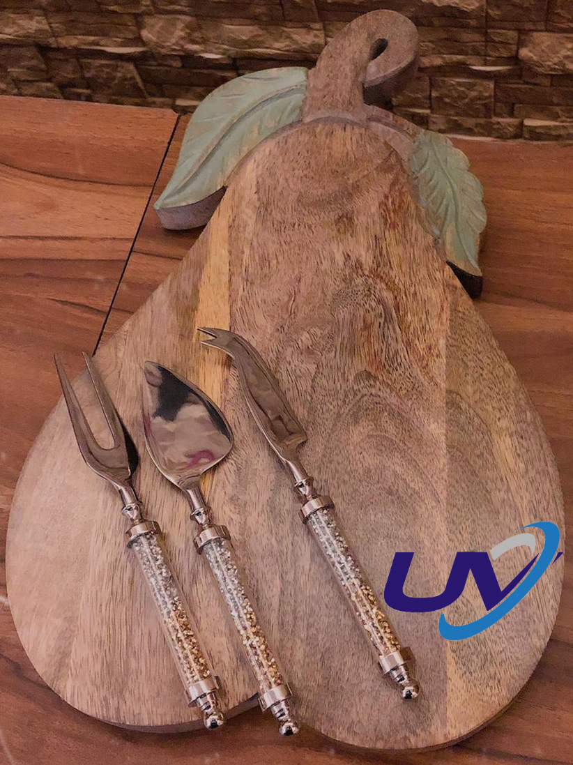 Mango Wood Platter With Crystal Cheese Knife Set, Set Of 3 - Color: Brown