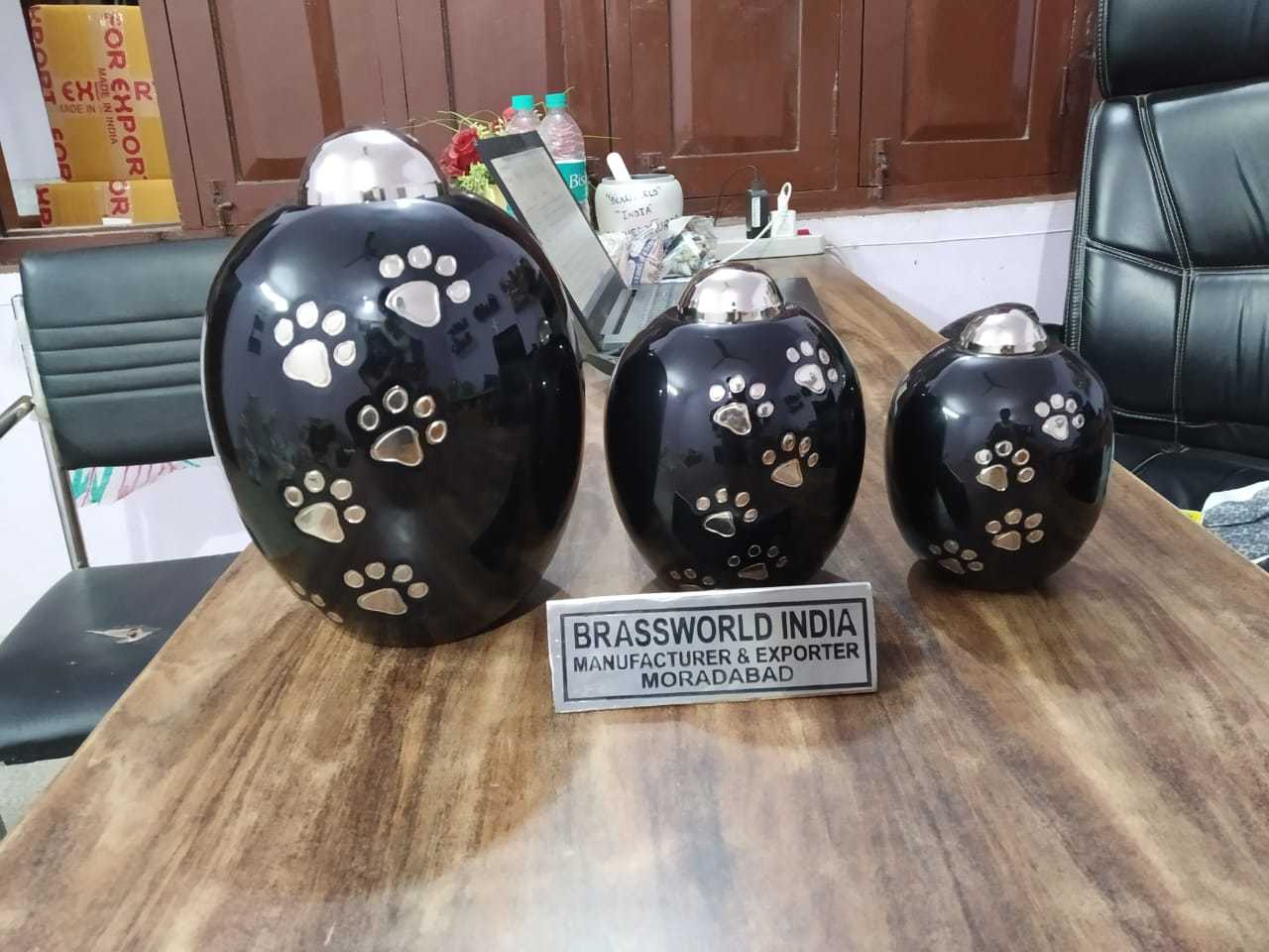 Brass Cremation Funeral Urn With Black Dog Engraved