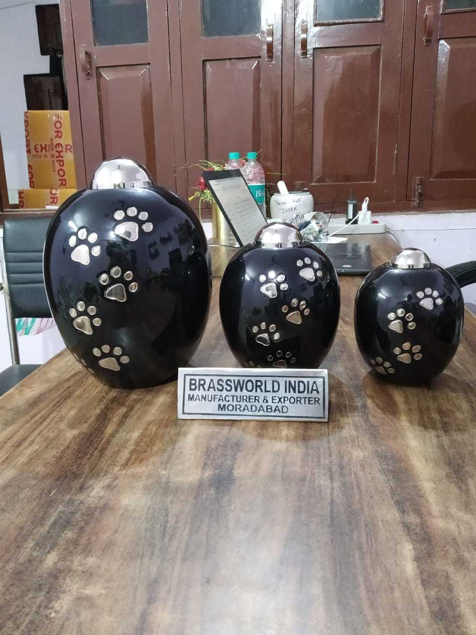 Brass Cremation Funeral Urn With Black Dog Engraved