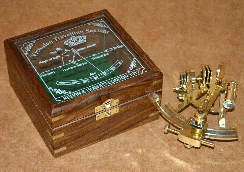 As Shown In Picture Vintage Brass Nautical Maritime Sextant Astrolab Ship Instrument With Wooden Box