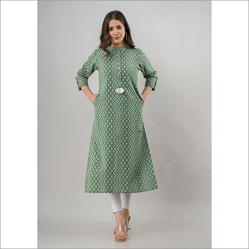 Summer Ladies Green Colour Flex Cotton Kurti
