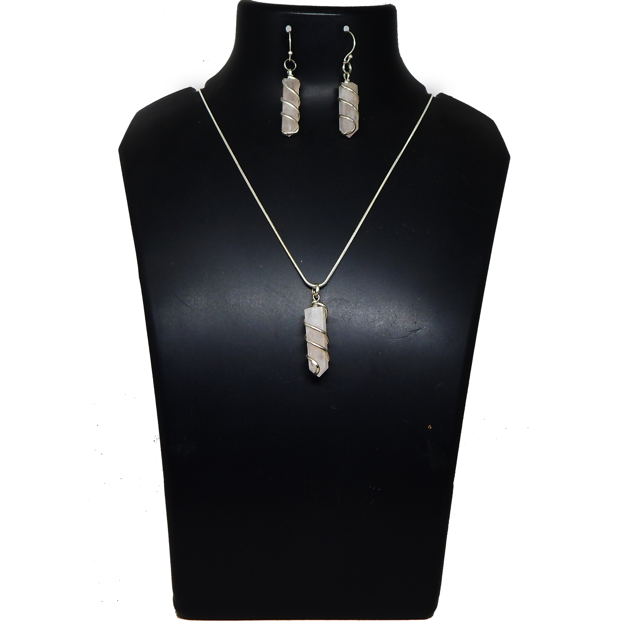 Rose Quartz Pencil Cut Pendant Necklace - Silver Polished Copper Metal Findings, 7-8 Inches Long, Sterling Silver Hoop Earrings, Perfect For Engagement And Parties
