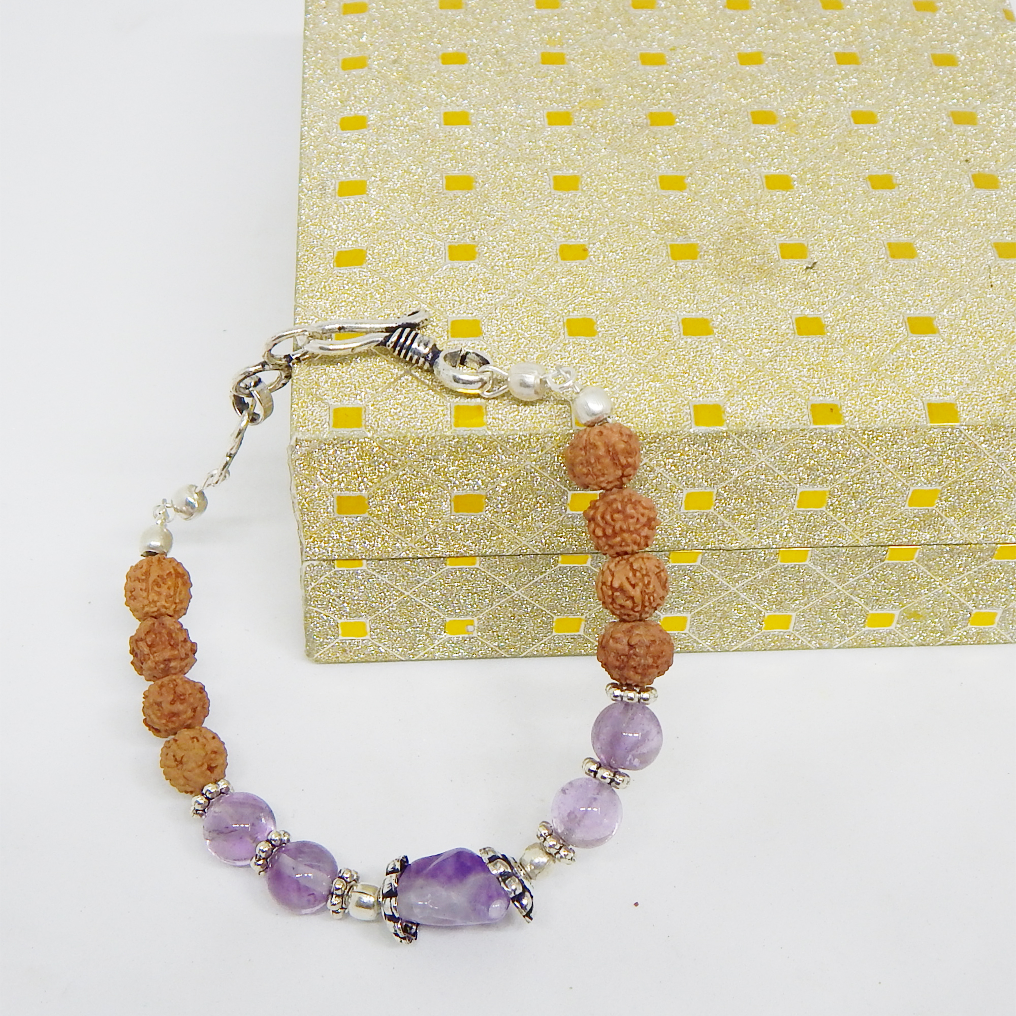 Gemstone Amethyst & Rudraksha Beads Bracelet - Copper Metal Beads With Silver Polish