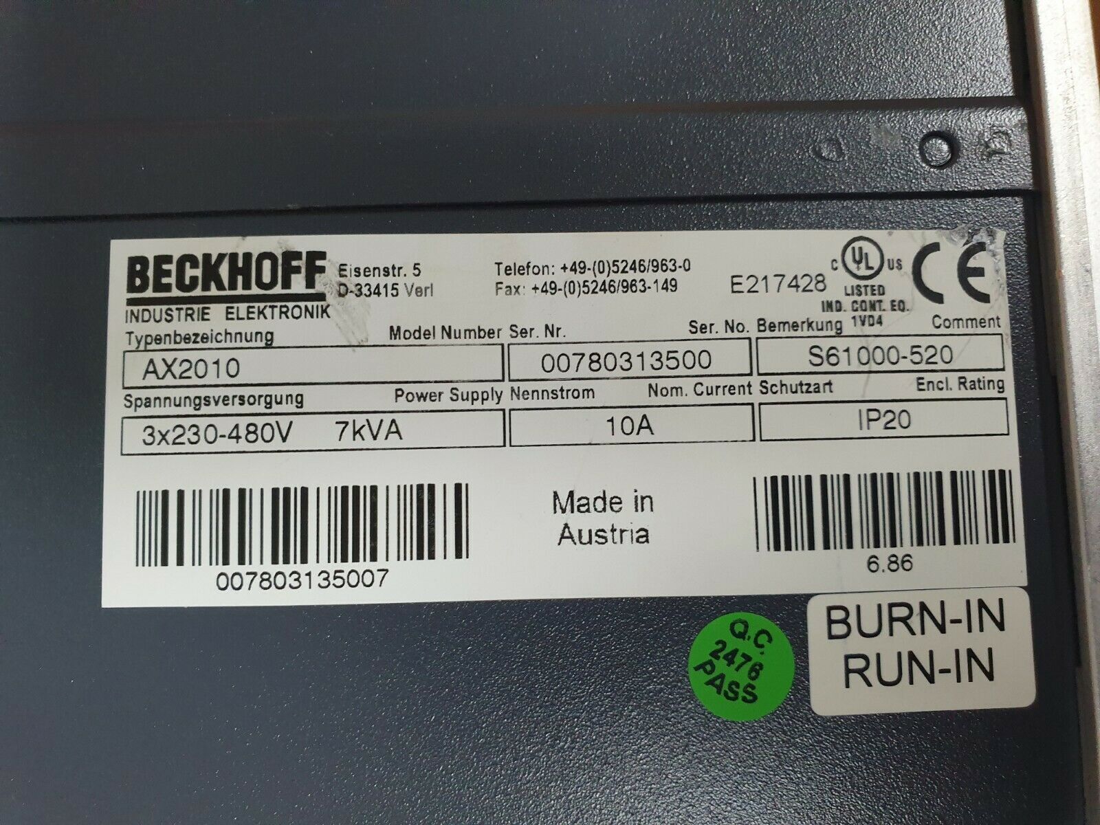 Beckhoff S61000-520 - Servo Drive With B110 Card, 5mb Less | Precise Motion Control, Energy Efficiency, Compact Design