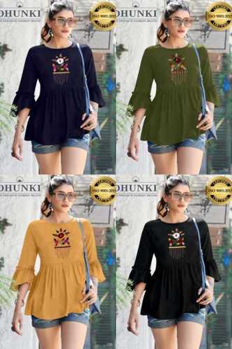 Dhunki Premium Fashion Tops - Heavy Rayon, M(36) & XL(40) Sizes | Designer Bangali Embroidery, 3/4 Sleeves, Limited Edition, 4 Color Options