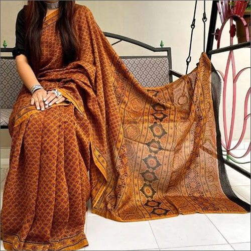कैज़ुअल लेडीज़ अजरख चंदेरी कॉटन प्रिंटेड साड़ी