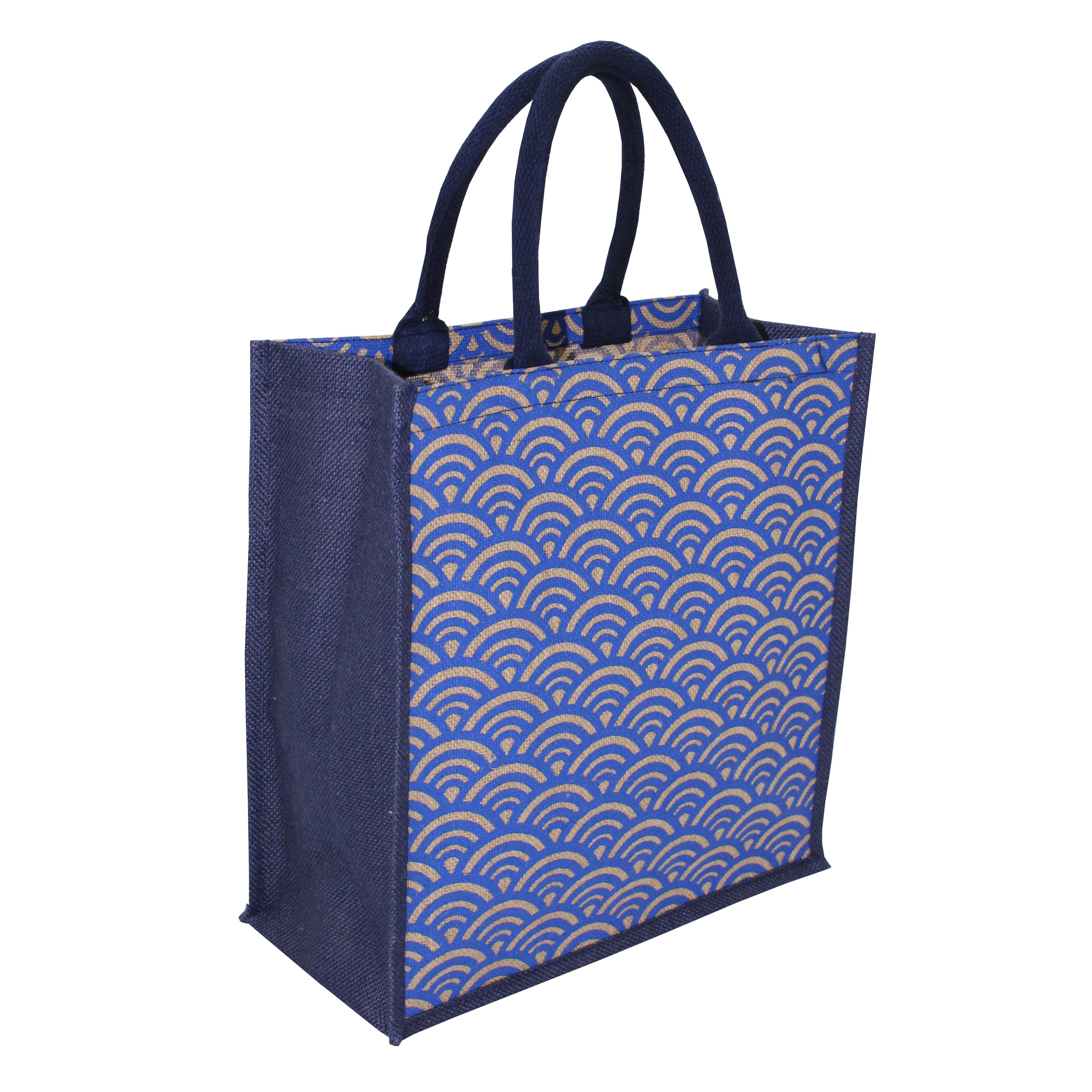 Available In All Color Pp Laminated Jute Tote Bag With Semi Circle Print