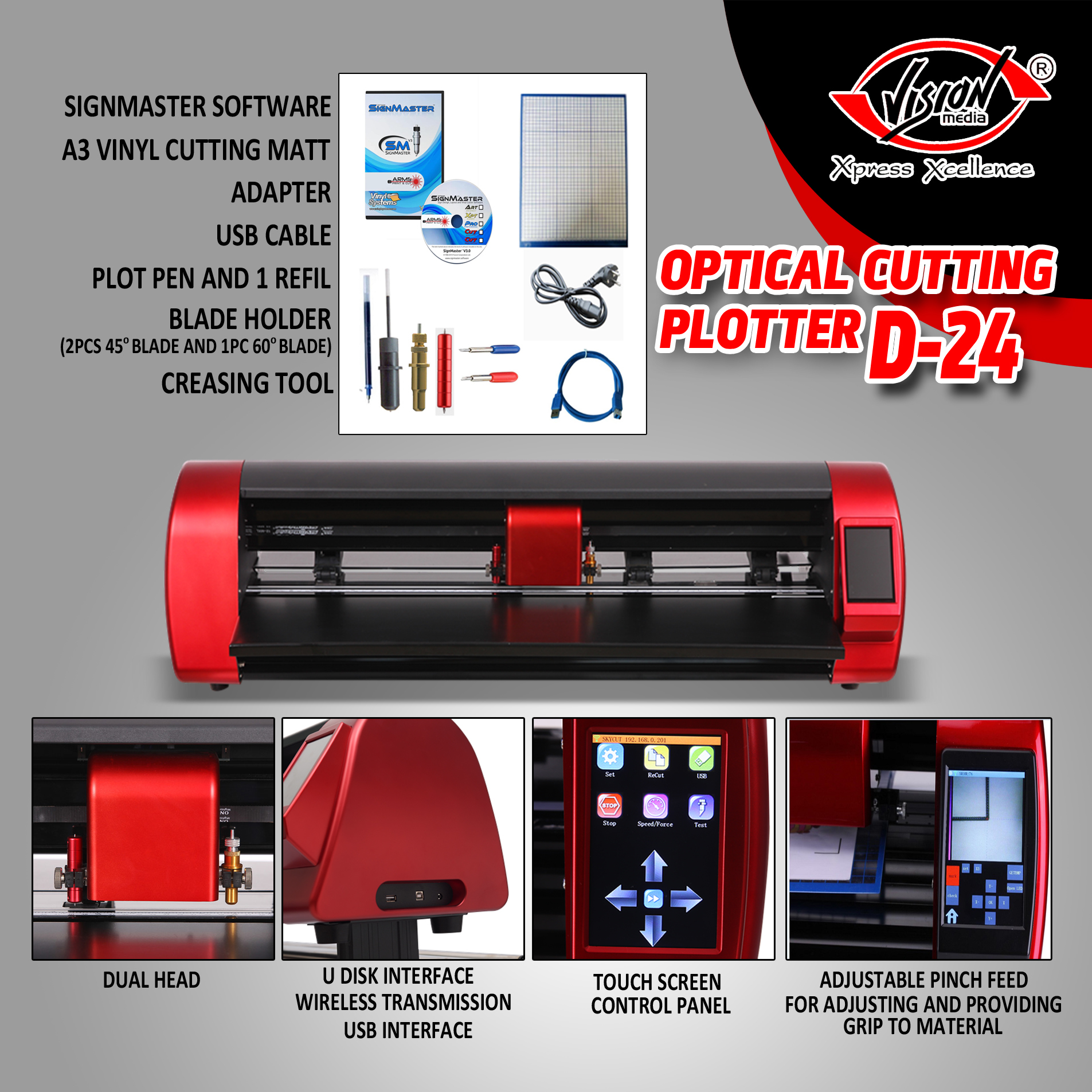 Skycut Vision Media D-24 Cutting Plotter - Paper Board, Foam, Vinyl, 1000*360*388mm, Red Color, Accurate Cutting +/- 0.01mm, 600mm/s Speed, Automatic Feeding, Low Energy Consumption