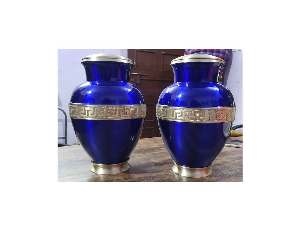Blue Brass Cremation Urn With Golden Engraved