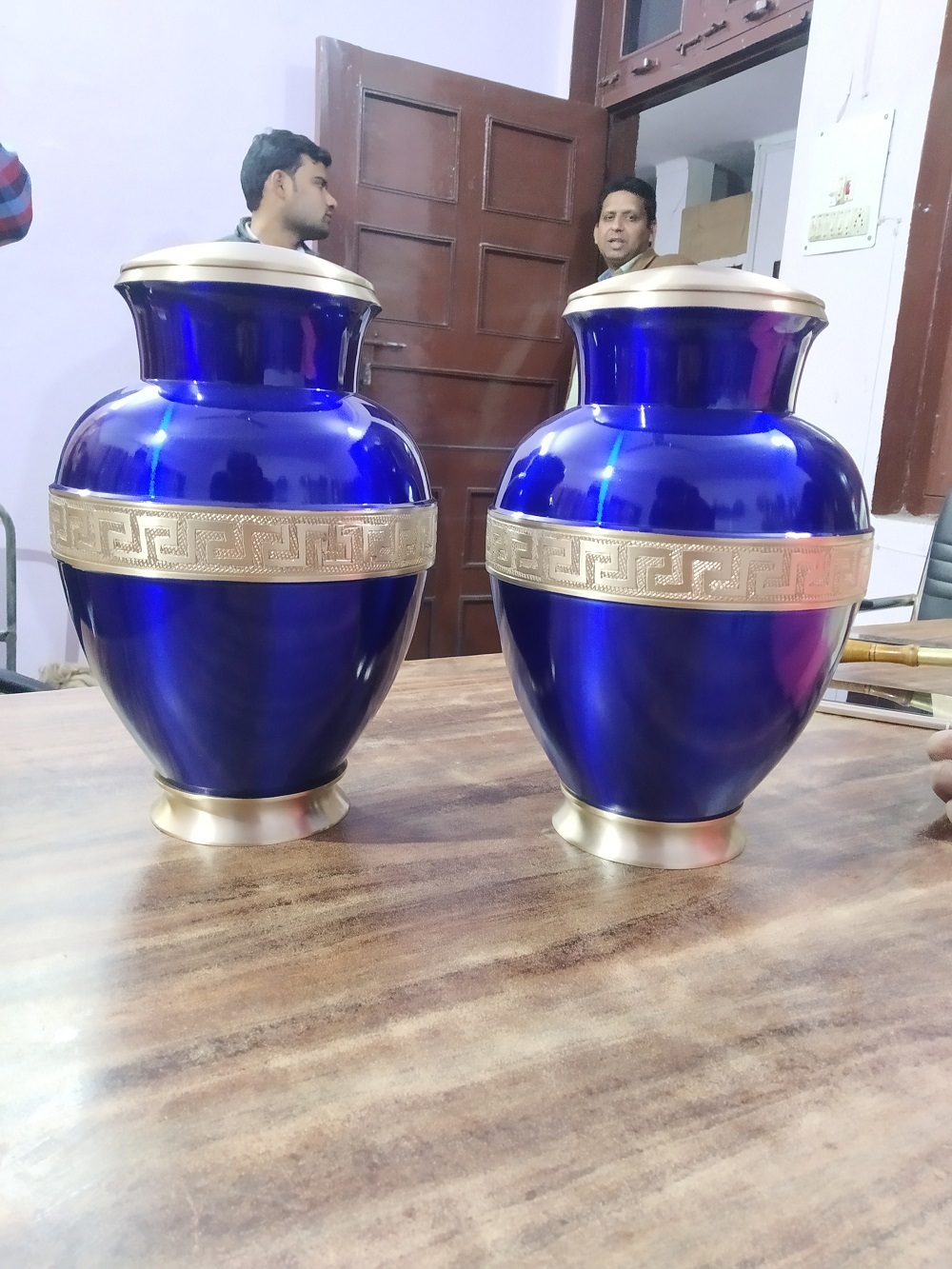 Blue Brass Cremation Urn With Golden Engraved