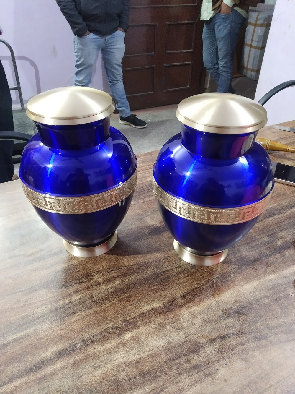Blue Brass Cremation Urn With Golden Engraved