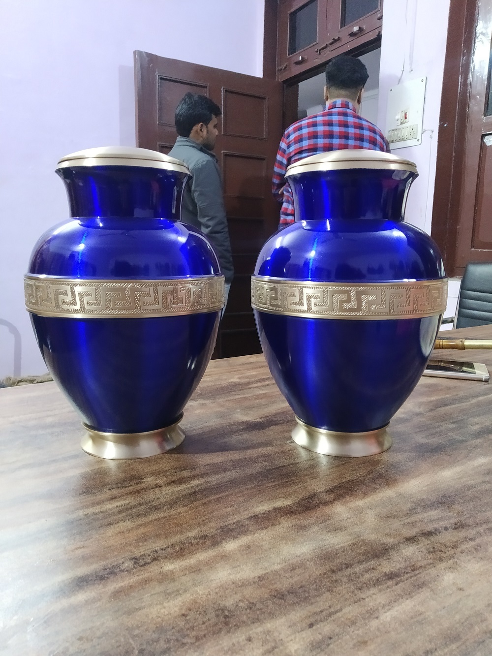 Blue Brass Cremation Urn With Golden Engraved