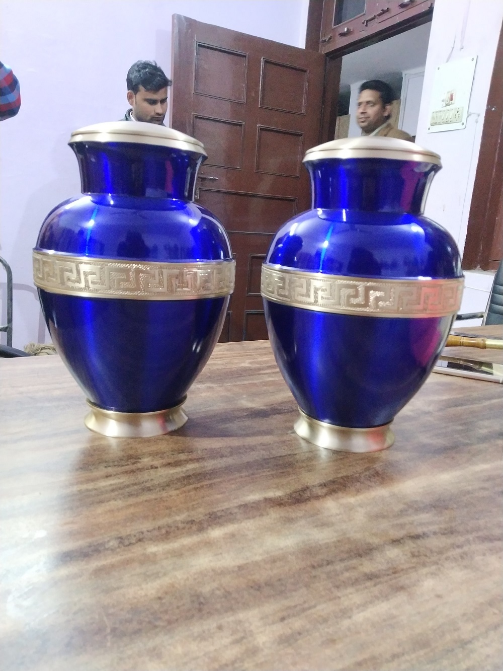 Blue Brass Cremation Urn With Golden Engraved