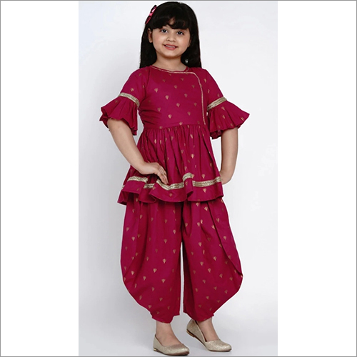 Kids Fancy Peplum Top With Dhoti - 100% Cotton, Girls 1/4 Sleeve Design, Colorful Printed Pattern For Summer | Breathable, Washable, No Fade