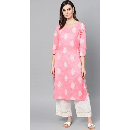 Pink & White Ladies Printed Designer Kurti And Palazzo