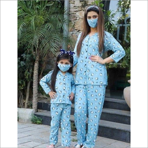 Sky Blue Mother And Daughter Fancy Combo Of Night Suit