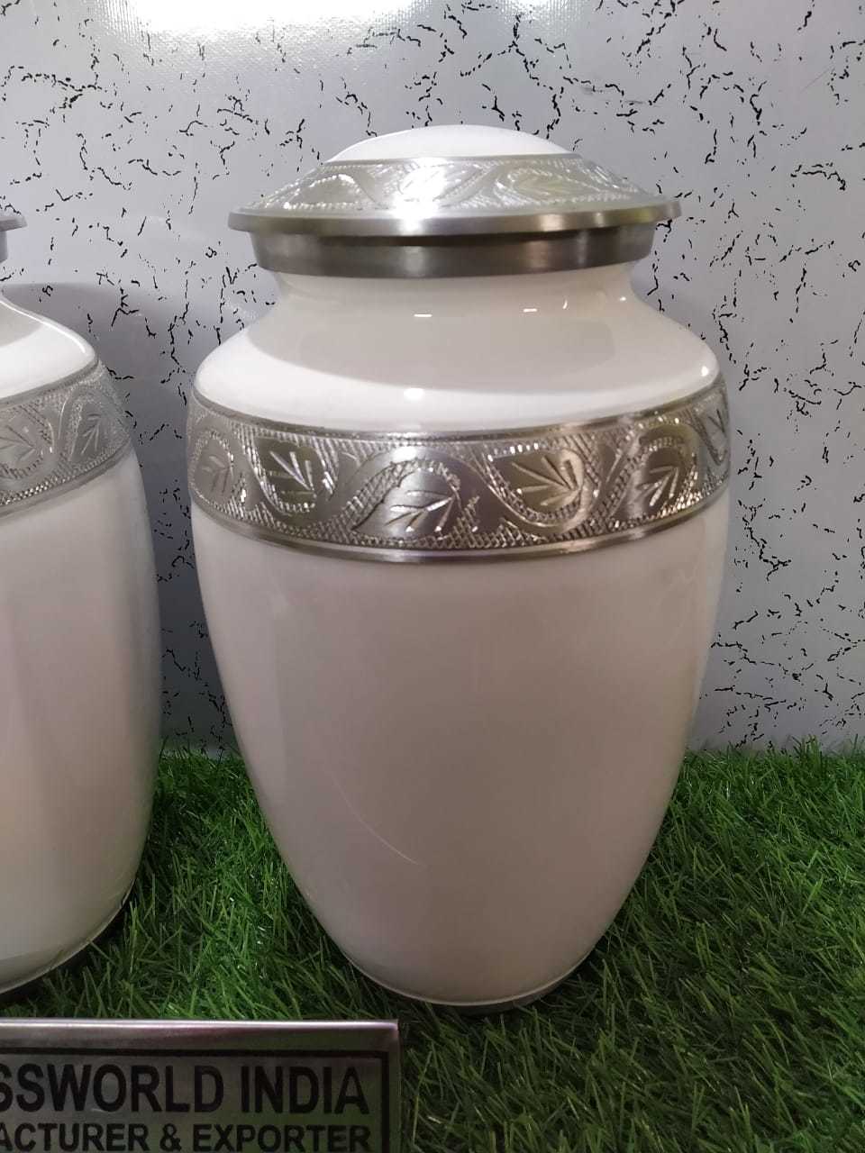 Aluminium White With Beatiful Leaves Engraved Urn Funeral Supplies