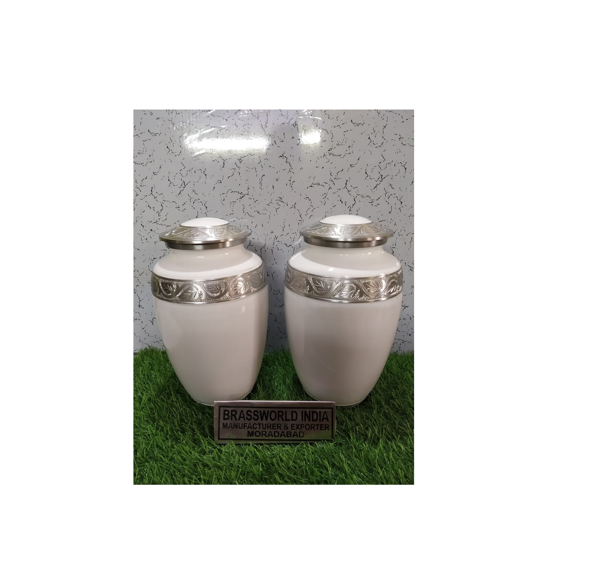 Aluminium White With Beatiful Leaves Engraved Urn Funeral Supplies
