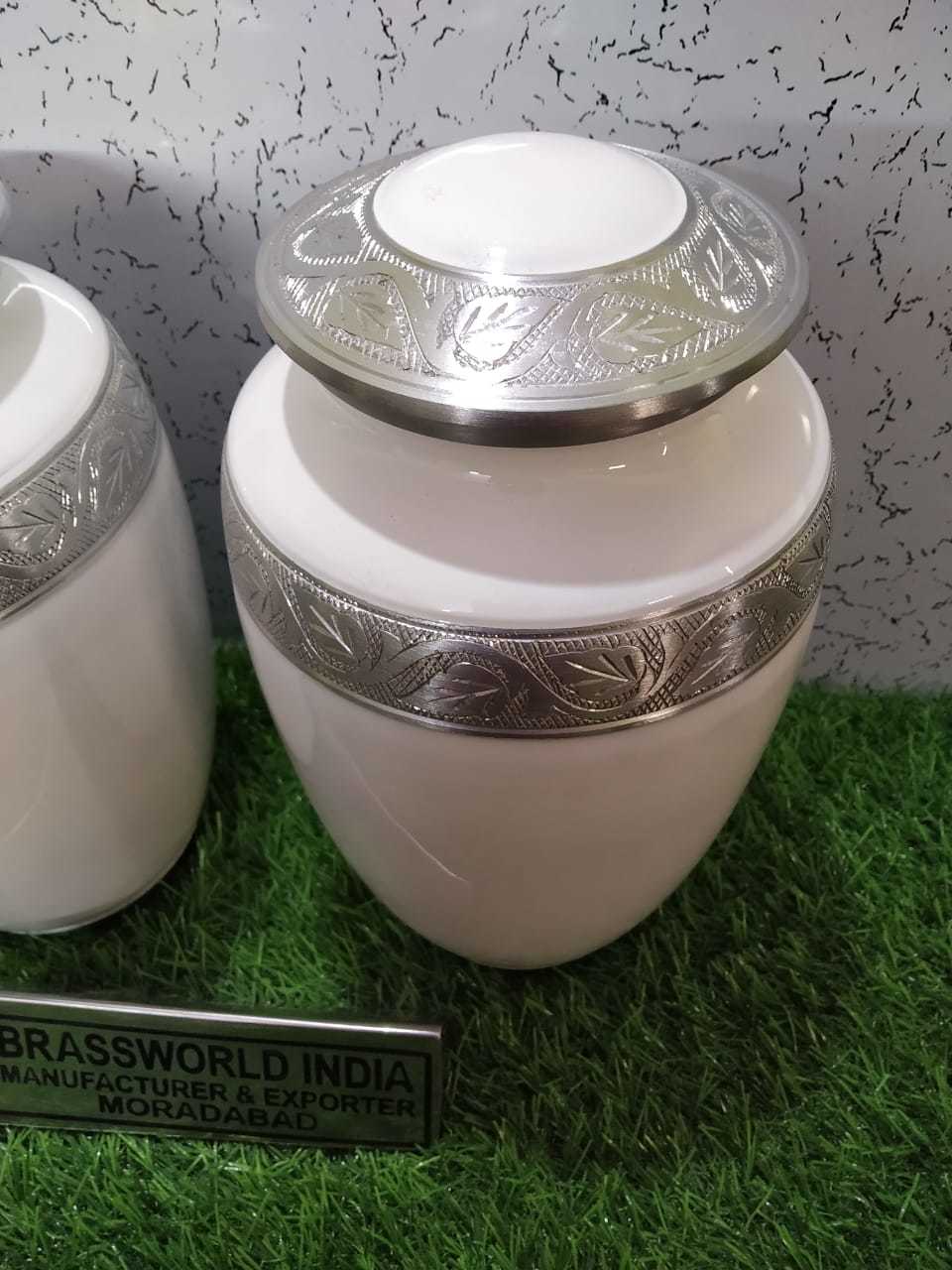 Aluminium White With Beatiful Leaves Engraved Urn Funeral Supplies