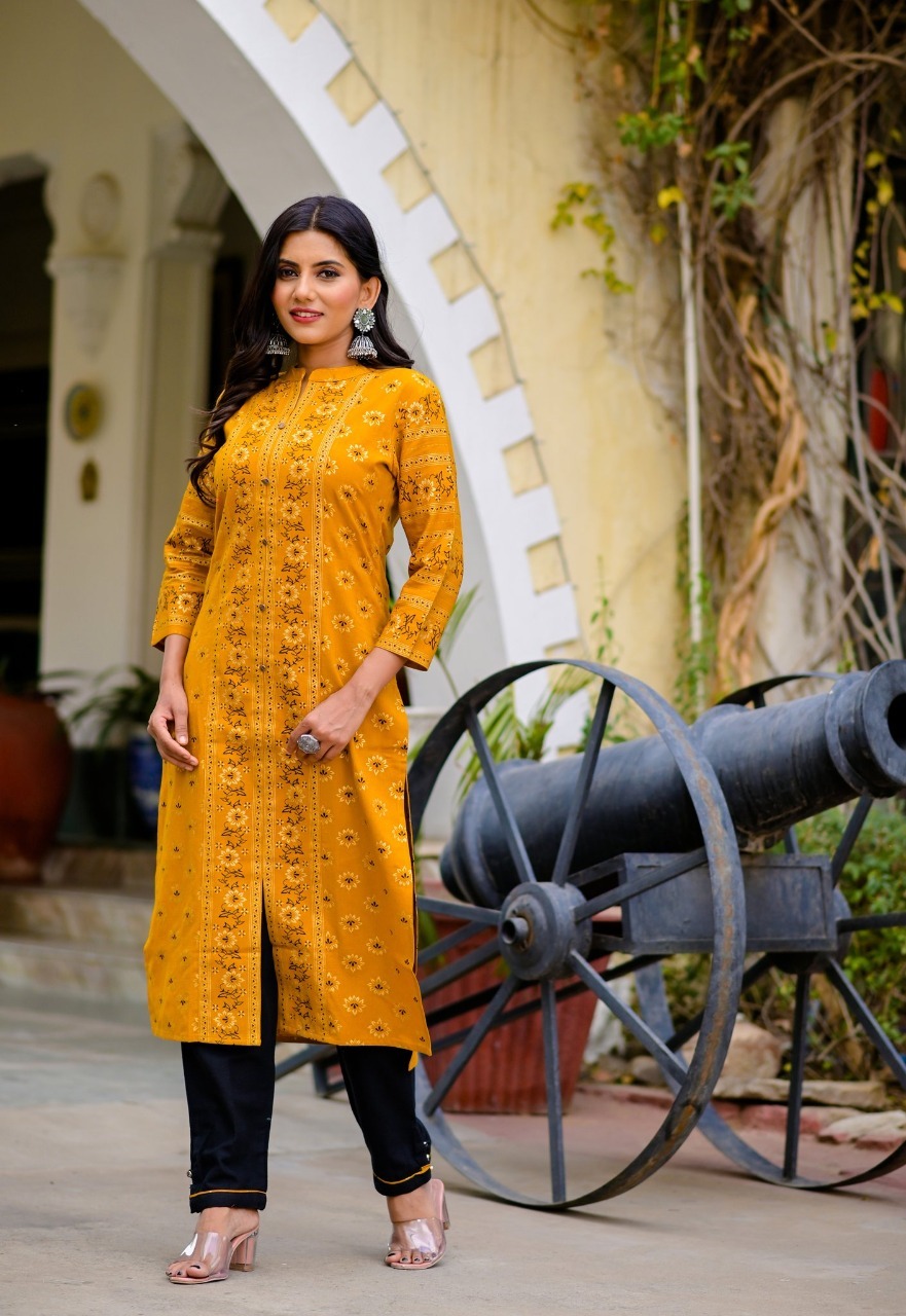 Mustard And Black Cotton Kurta