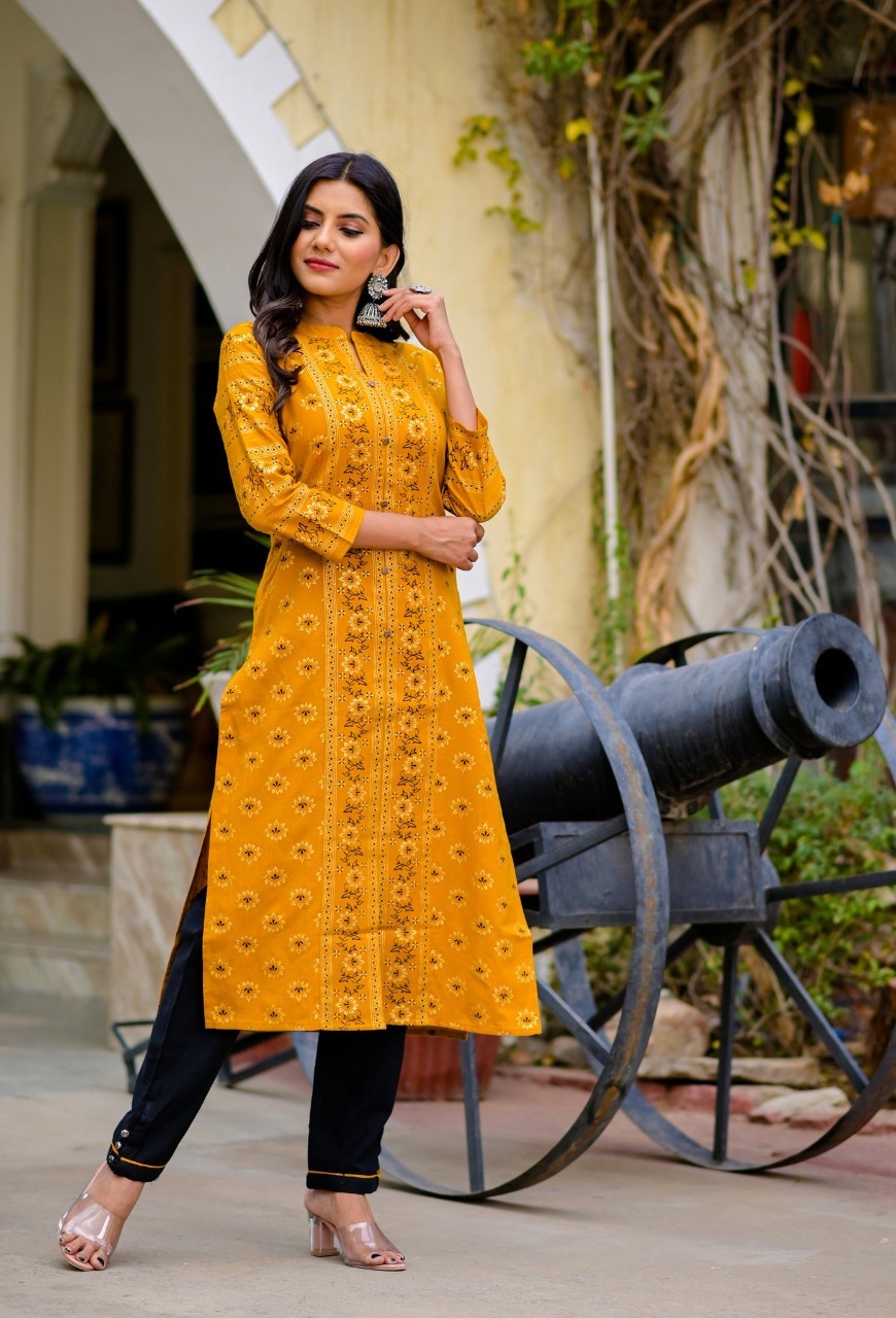 Mustard And Black Cotton Kurta